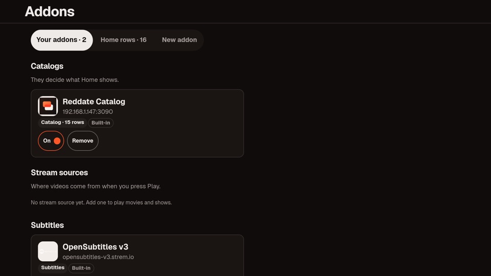 The Addons screen listing catalog and stream addons