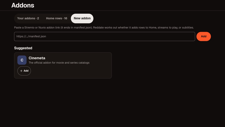 The New addon tab in Reddate TV