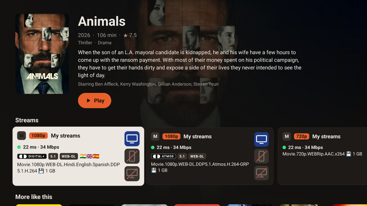 The stream picker for Animals, with speed, 1080p, Atmos, language flags and device checks
